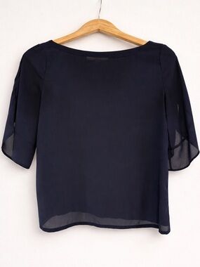 LOFT Navy Blue Sheer Sleeve Blouse Women’s Boat Neck Lightweight Work Office Top